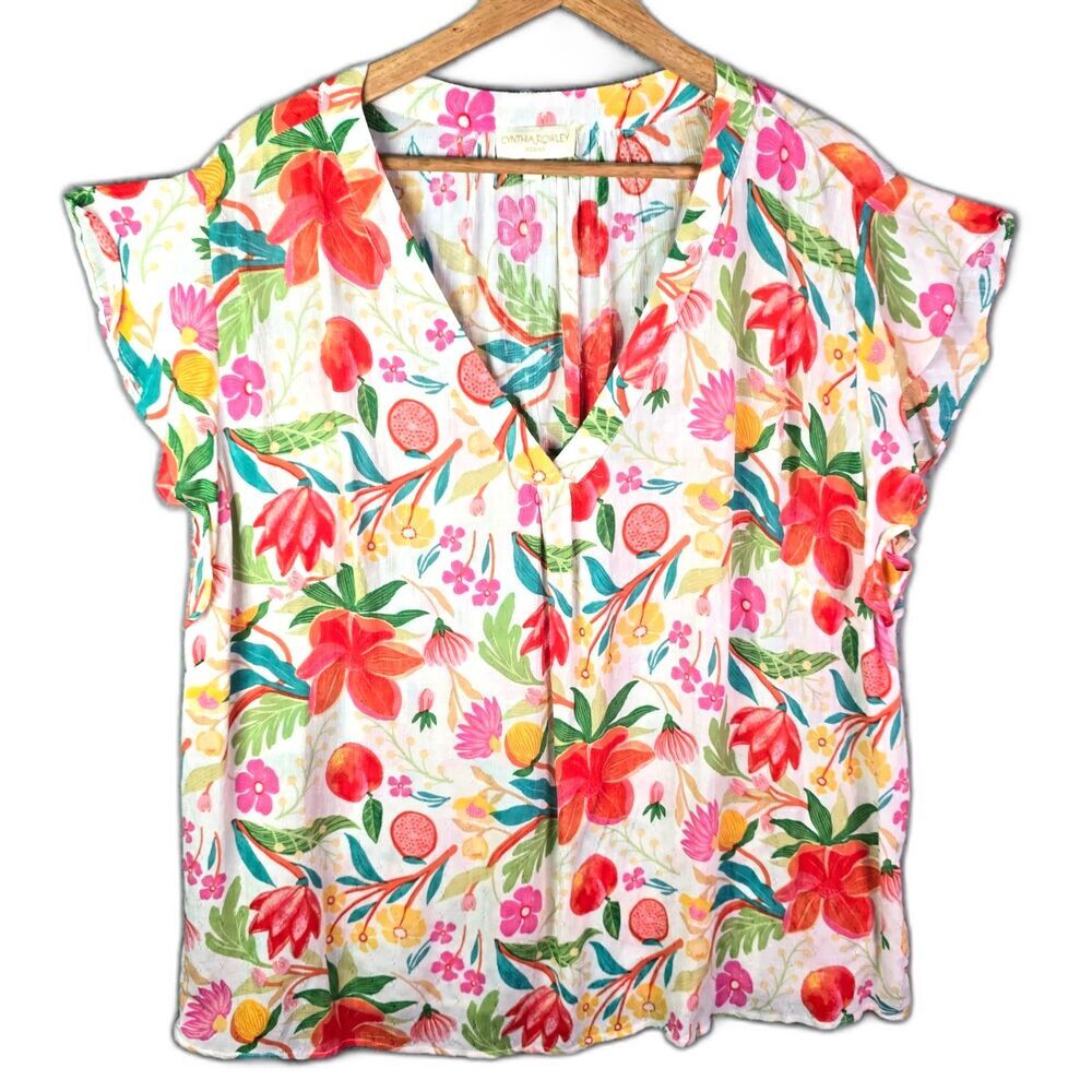 Cynthia Rowley Woman Blouse Tropical Floral 2X Flutter Sleeve Rayon